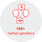 150plus_native_speakers Pictogram "150+ native speakers": 2 heads with speech bubble which show an arabic and an asian alphabet