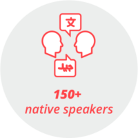 150plus_native_speakers Pictogram "150+ native speakers": 2 heads with speech bubble which show an arabic and an asian alphabet