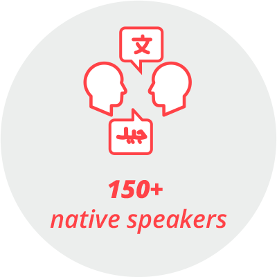 150plus_native_speakers Pictogram "150+ native speakers": 2 heads with speech bubble which show an arabic and an asian alphabet