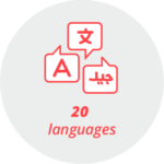 Pictogram "20 languages": speech bubbles with different alphabets