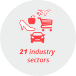 Pictogram "21 industry sectors": a car, a plane, a shopping cart, a shoe, an apple