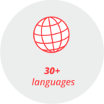 Pictogram "more than 30 languages": a globe and the words "30+ languages"