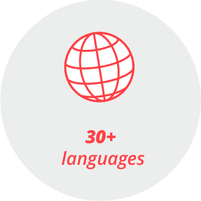 30plus_languages Pictogram "more than 30 languages": a globe and the words "30+ languages"