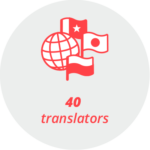 40_translators Pictogram "40 translators": a globe surrounded by different flags